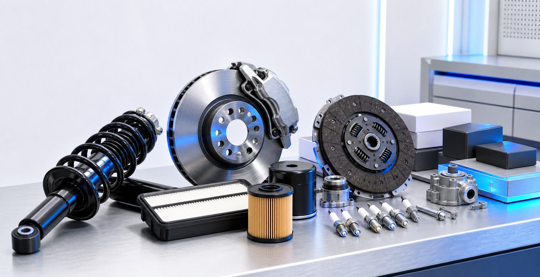 Shock absorber, brake disc, clutch, filters and spark plugs